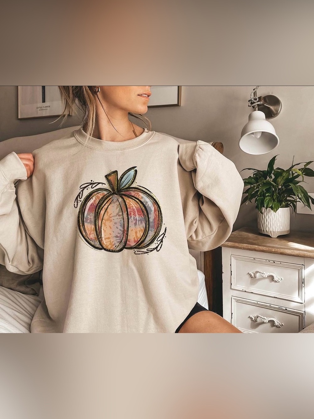 Cozy Cream Tan Khacki Pumpkin Graphic Sweatshirt - Women Tops
